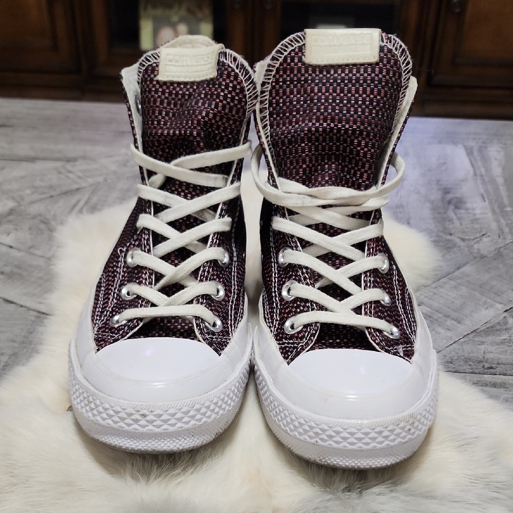 Converse High-Top Sneakers in Black and Burgundy Woven